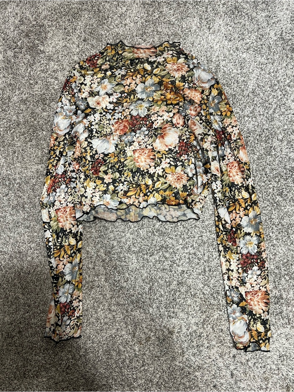 Floral Mesh Long-Sleeve Crop Top - Black Multi